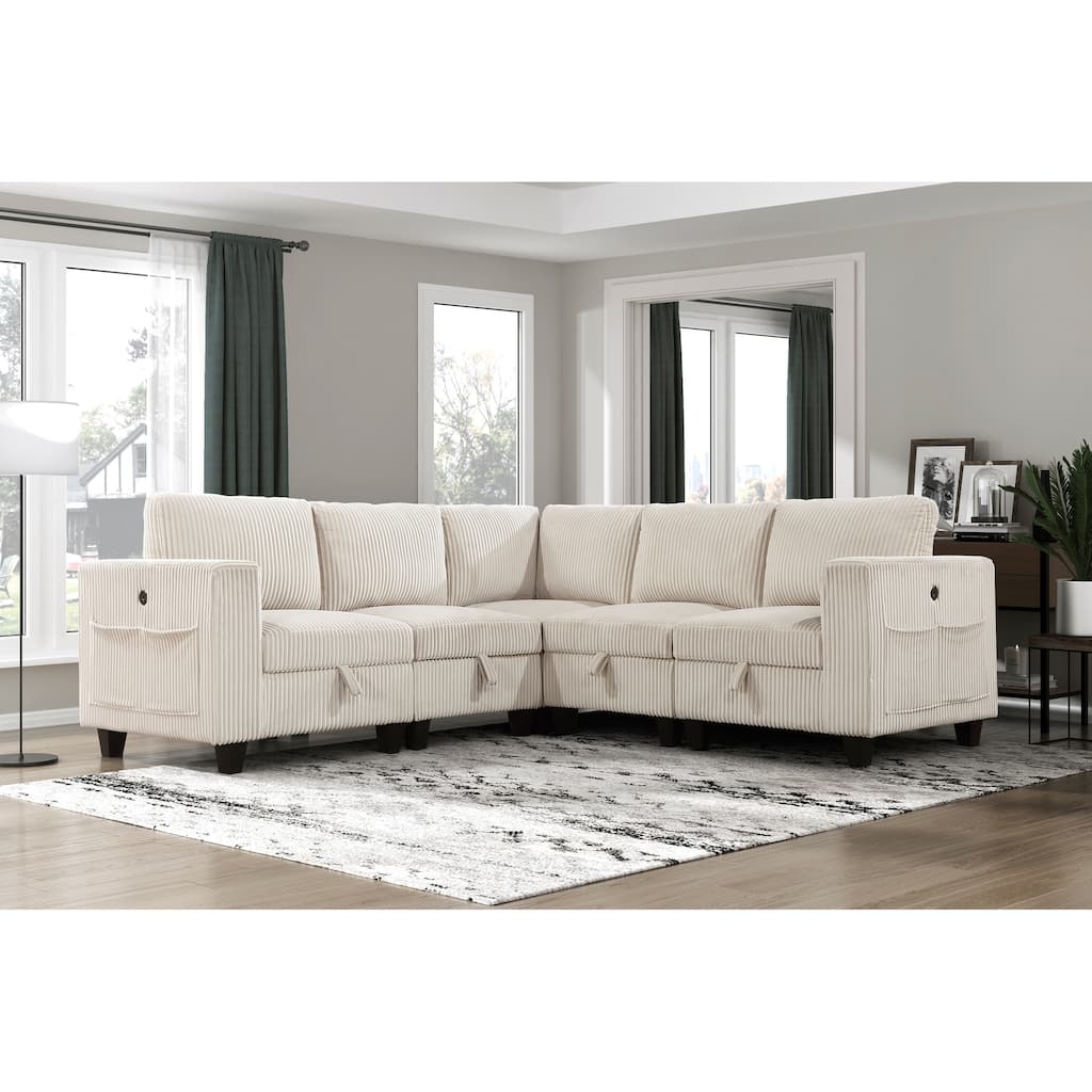 5-Piece Modular Sectional in Beige Corduroy with Storage, Pockets & Charging Ports