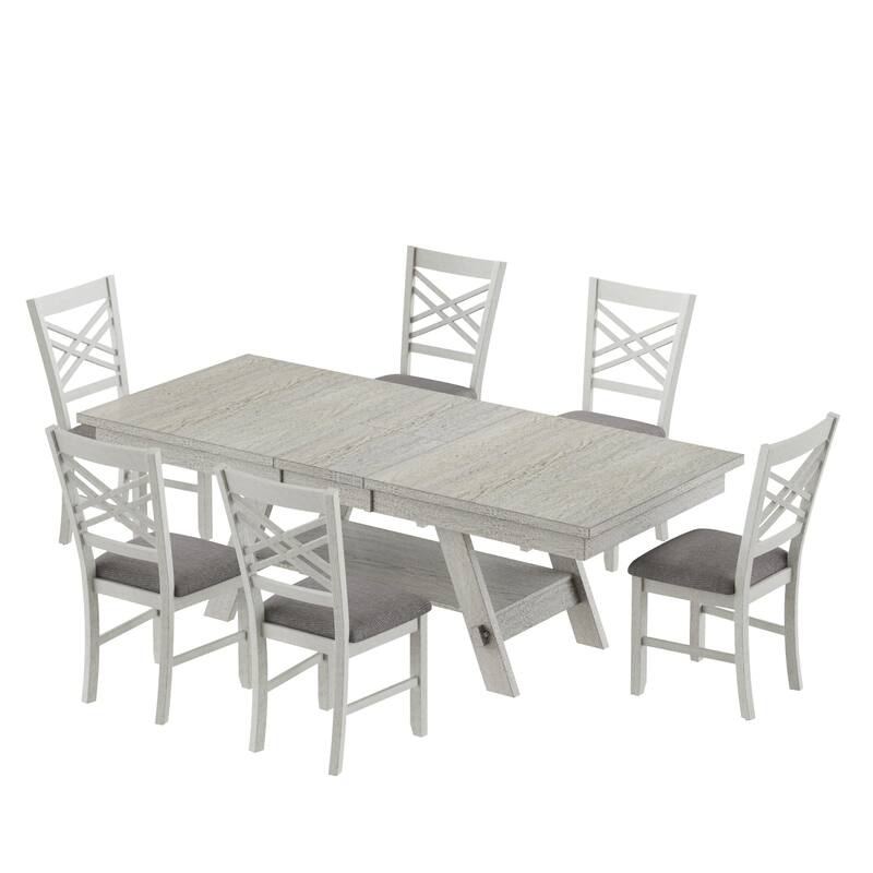 VECELO 5/7-Piece Dining Table Set, Solid Wood Rectangular Extendable Dining Table & 4 Solid Wood Dining Chairs
