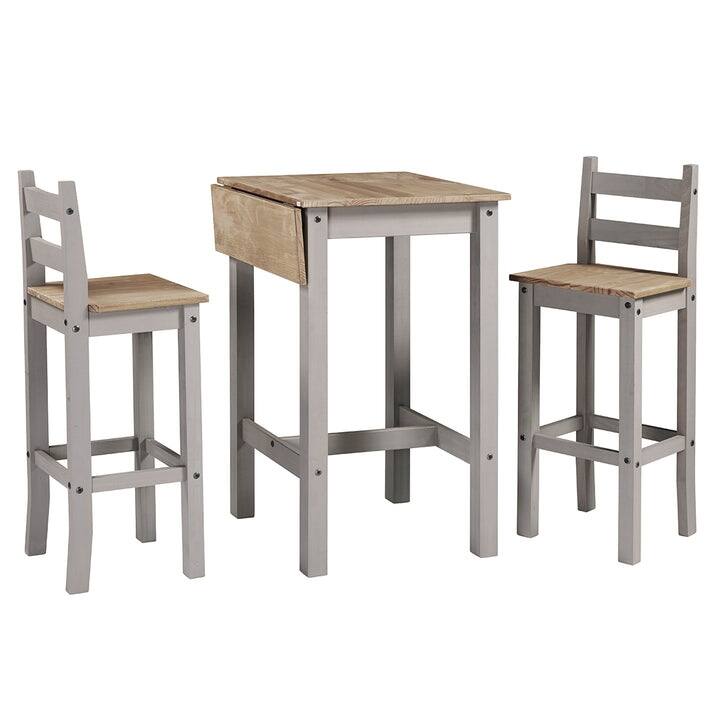 Wood Bar Height Dining Set of Drop Leaf Table and 2 Chairs Corona Collection | Furniture Dash - Gray wash stain, top and seats in antique brown.