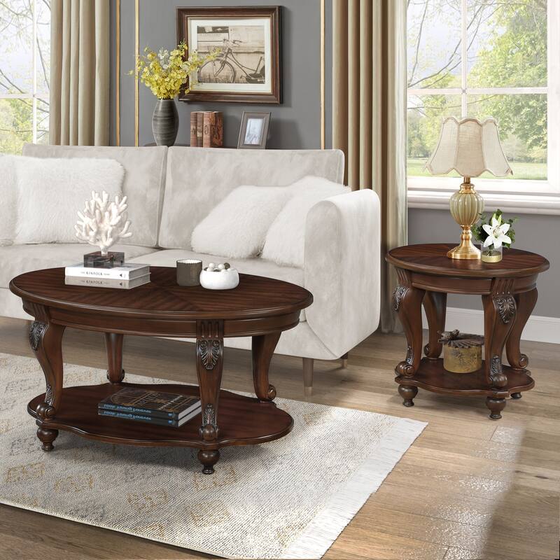 42" Oval Wood Coffee Table for Living Room,2-Tier Solid Wood Cocktail Table with Open Storage Shelf, Easy Assembly