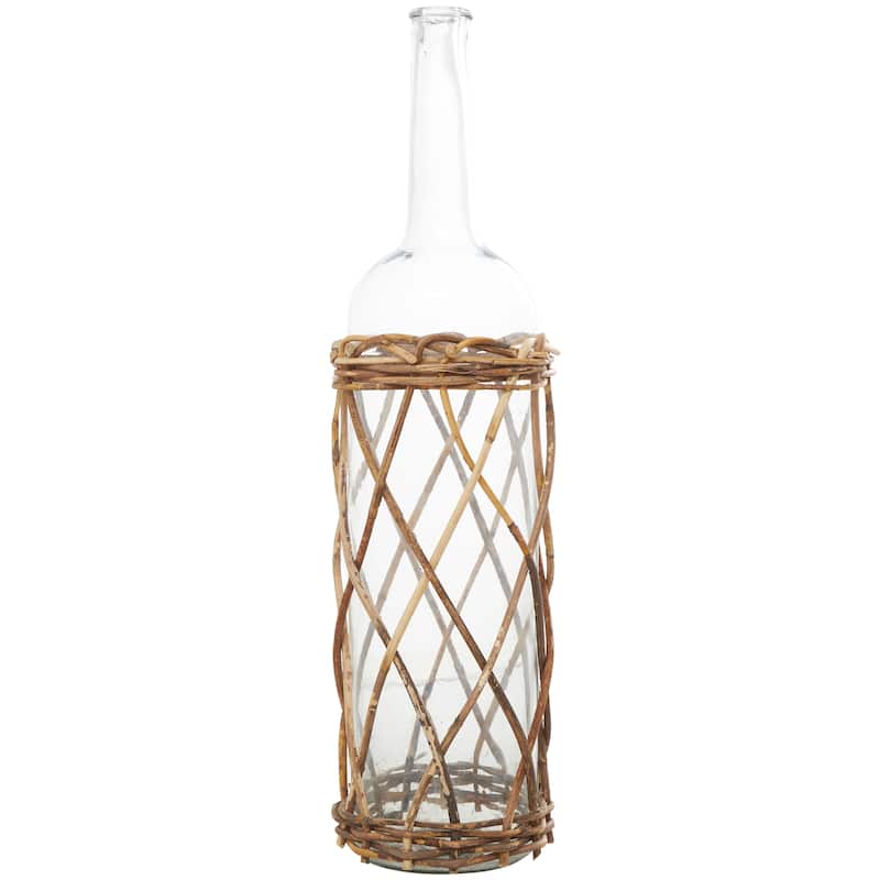 Clear Glass Handmade Tall Vase with Brown Rattan Woven Lower Body