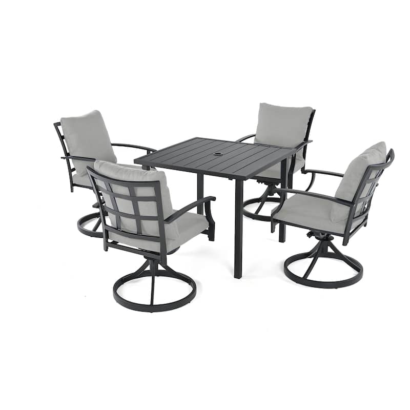 IvyGlow 5-Piece Black Metal Patio Dining Set with Square Table, 4 Swivel Dining Chairs and Gray Cushions