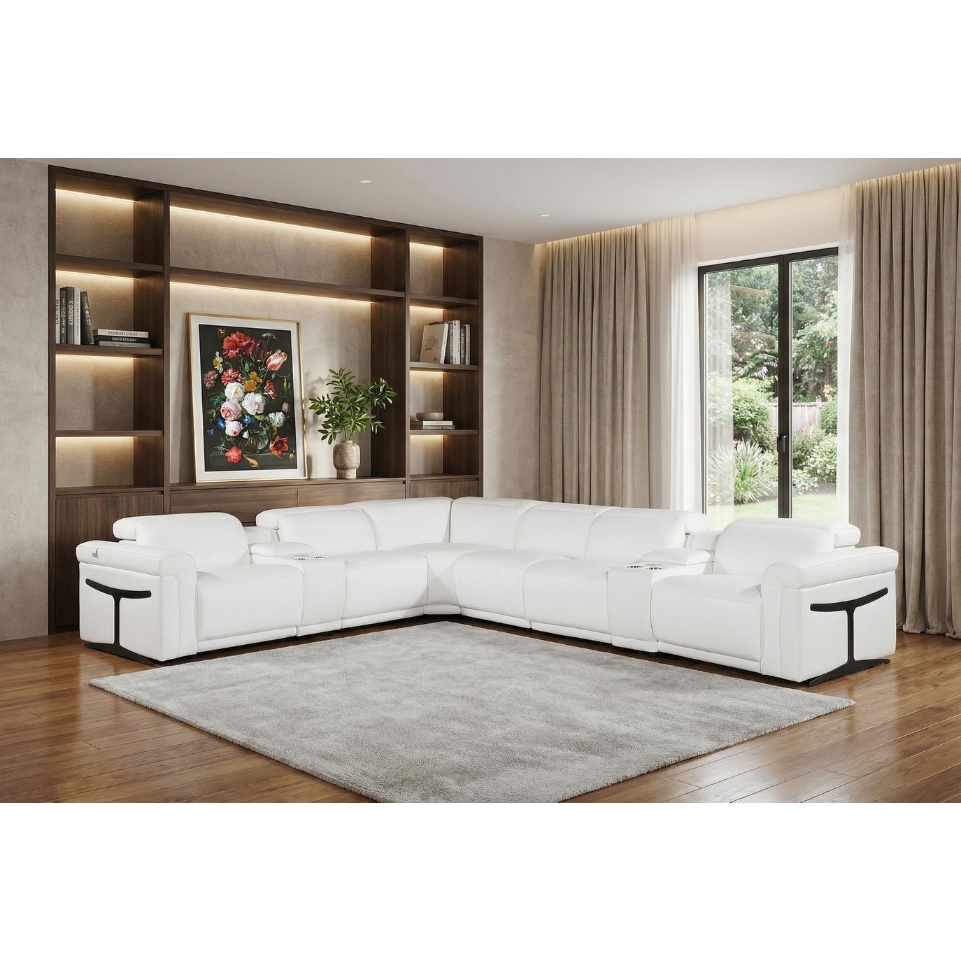 HomeRoots White Italian Leather Modular L Shaped Eight Piece Corner Sectional With Console