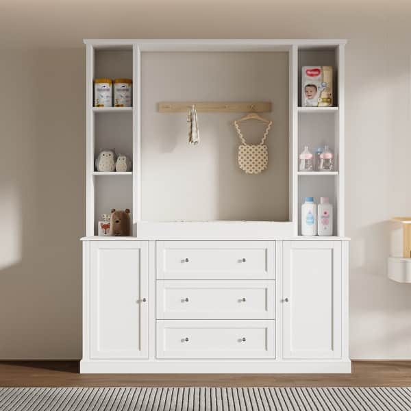 slide 2 of 16, Modern White Storage Cabinet with Adjustable Shelves and Drawers, Diaper Changing Table, Bookshelf, and Entryway Organizer