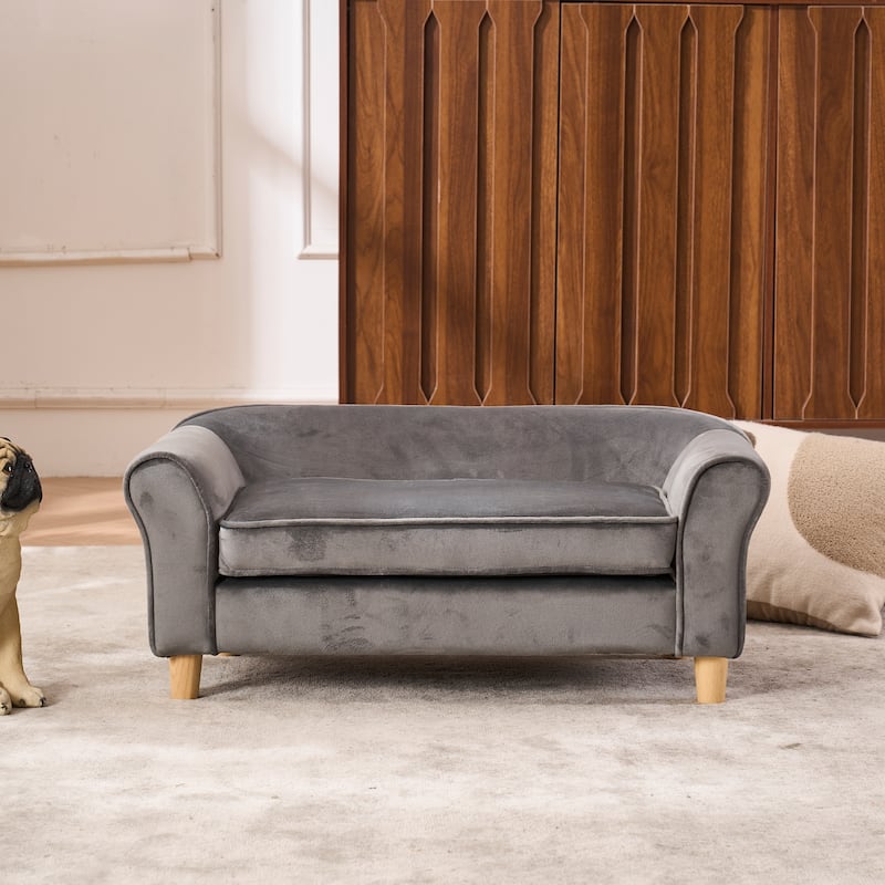 20.67" x 12" x 2.76" Pet Sofa Bed, Grey Velvet Cat Bed and Small Dog Couch with Rubberwood Legs