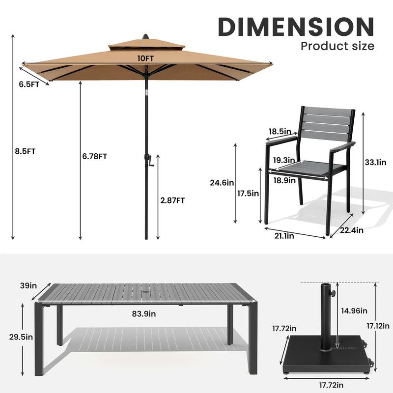 9/11-Piece Patio Dining Set Aluminum Dining Table and Chairs w/10 ft Market Umbrella and Base with Wheels