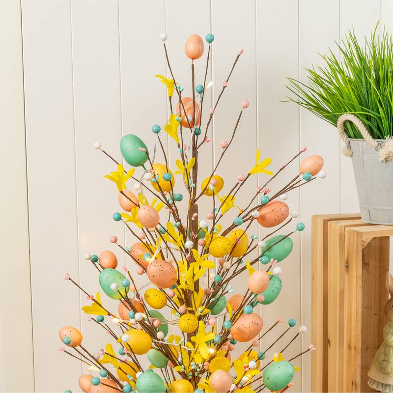 Glitzhome 36"H Easter Egg Berries Flower Urn Porch Tree with 20 Warm White Lights and Timer