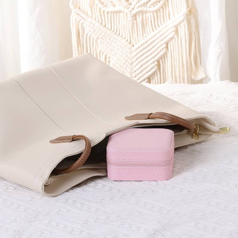 Travel Jewelry Box with Mirror, Small Portable PU Leather Jewelry Organizer Case Storage Display Holder - 10x10x5cm