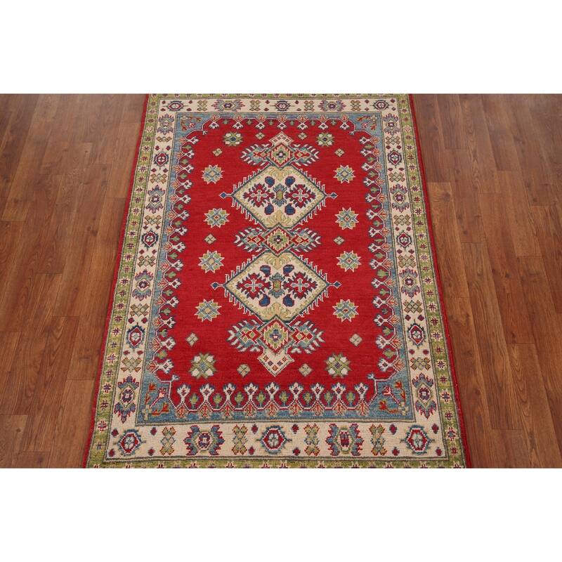 Red Geometric Kazak Accent Rug Hand-Knotted Wool Carpet - 3'5" x 4'10"