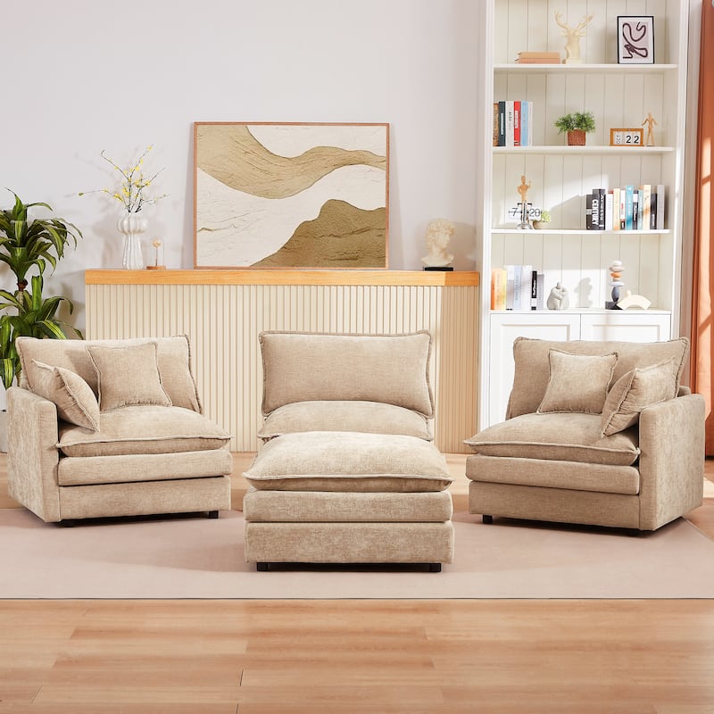 Chenille Chaise Sectional Sofa with Ottoman and 3-layers Cushions