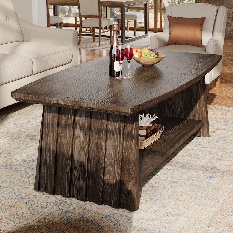 Solid Wood Coffee Table with Storage, 2-Tier Center Accent Table for Living Room Lounge Apartment