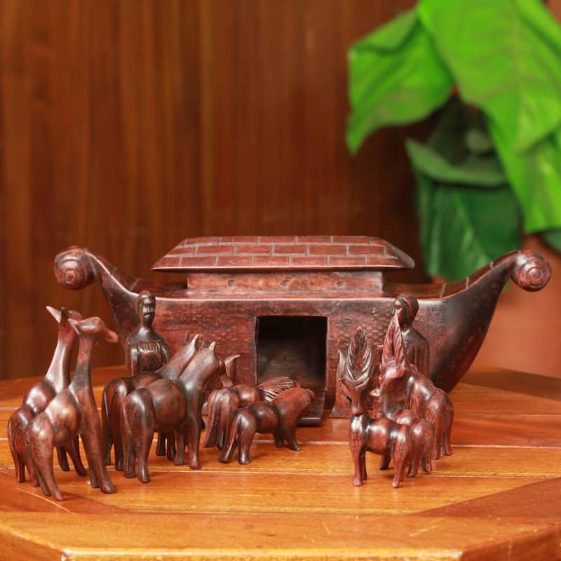 Handmade Noahs Ark (15 pieces) Teak sculptures (Ghana) - 41 x 19 x 12