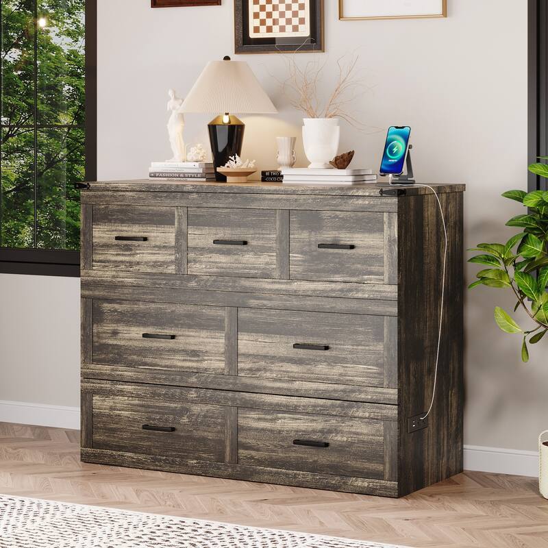 Murphy Bed Cabinet with Charging Station for Guest Room and Small Bedroom - Grey - Full