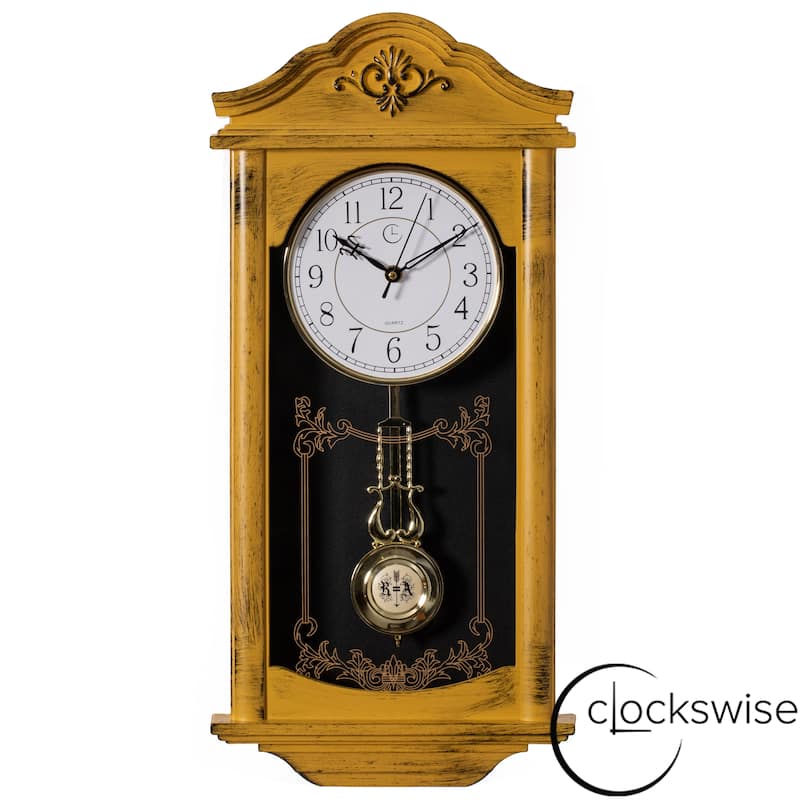 Clockswise Vintage Grandfather Wood-Looking Plastic Pendulum Decorative Battery-Operated Wall Clock Brown, for Home Decor - 24 Inch High - Yellow