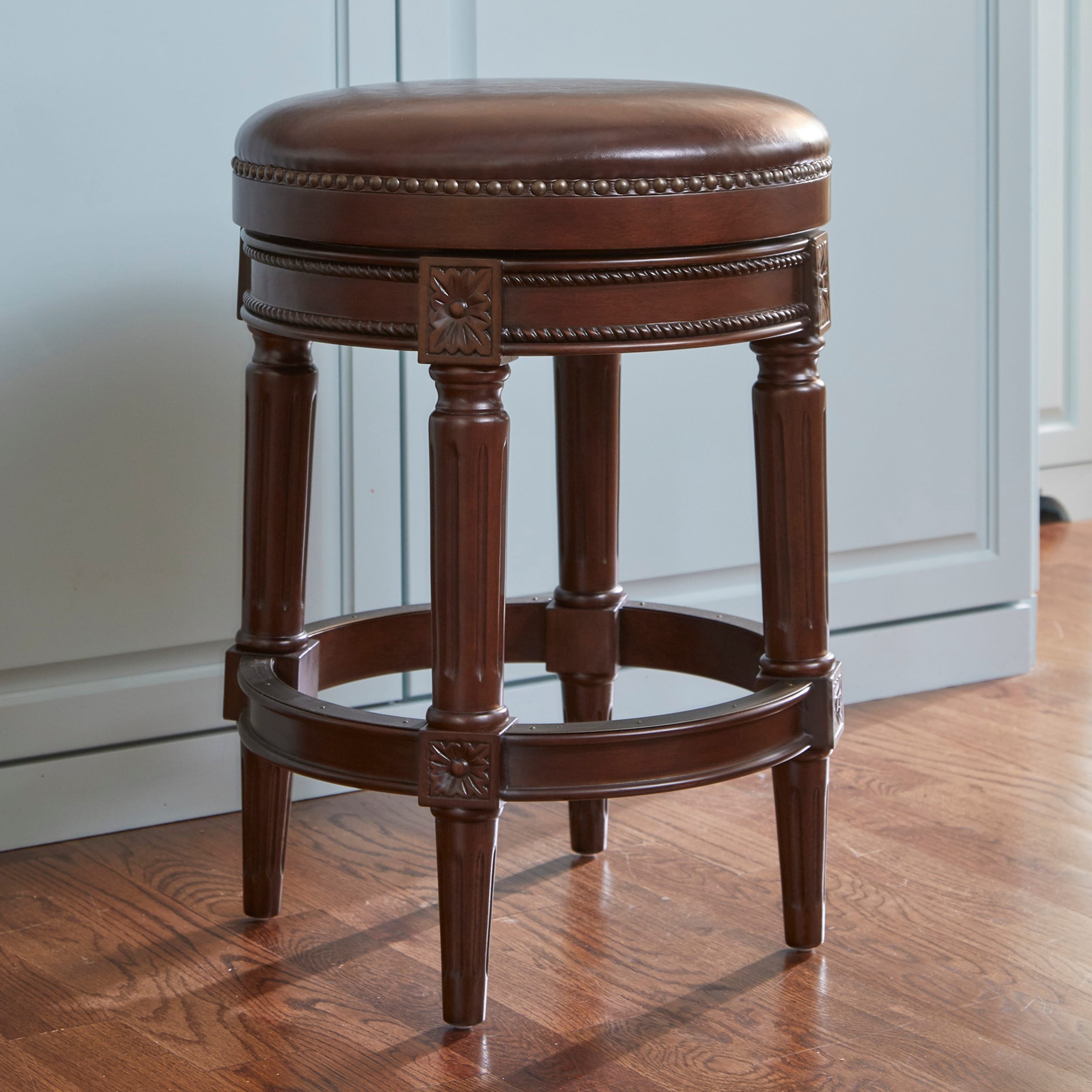 Rustic 26" Counter Height Swivel Upholstered Barstool, Wood Frame, 360° Faux Leather Seat, Nailhead Trim & Foorests by GDFStudio