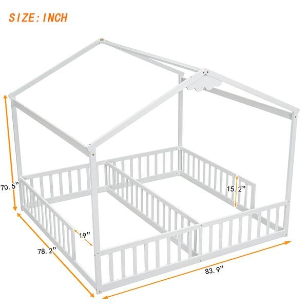 dimension image slide 0 of 2, Double Twin House-Style Floor Bed with Fence,Guardrails,Without Door