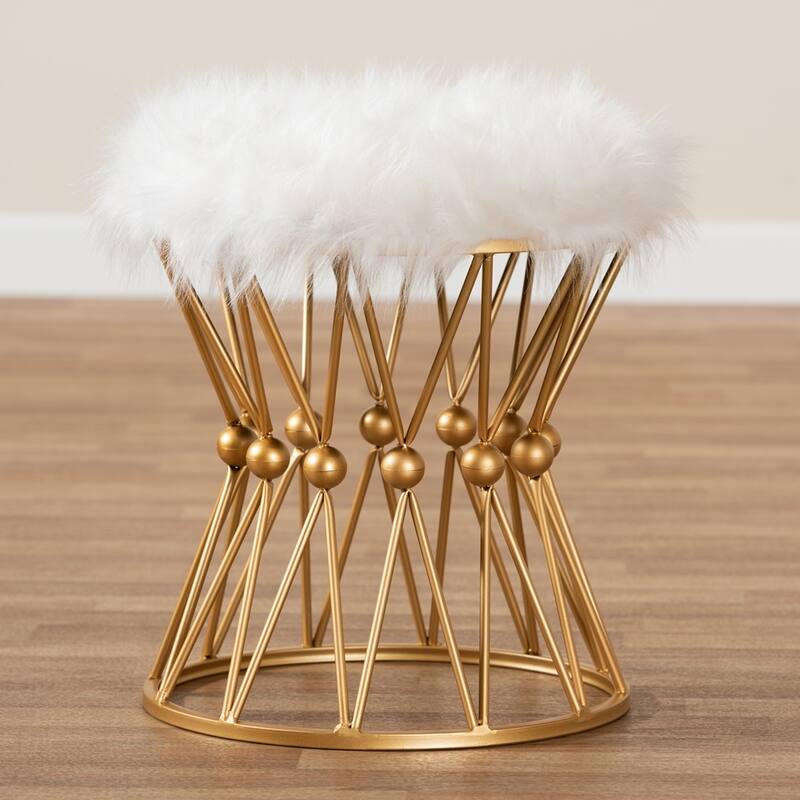 Leonie Glam and Luxe White Faux Upholstered Gold Finished Metal Ottoman - 18.31"H x 16.14"W x 16.14"D