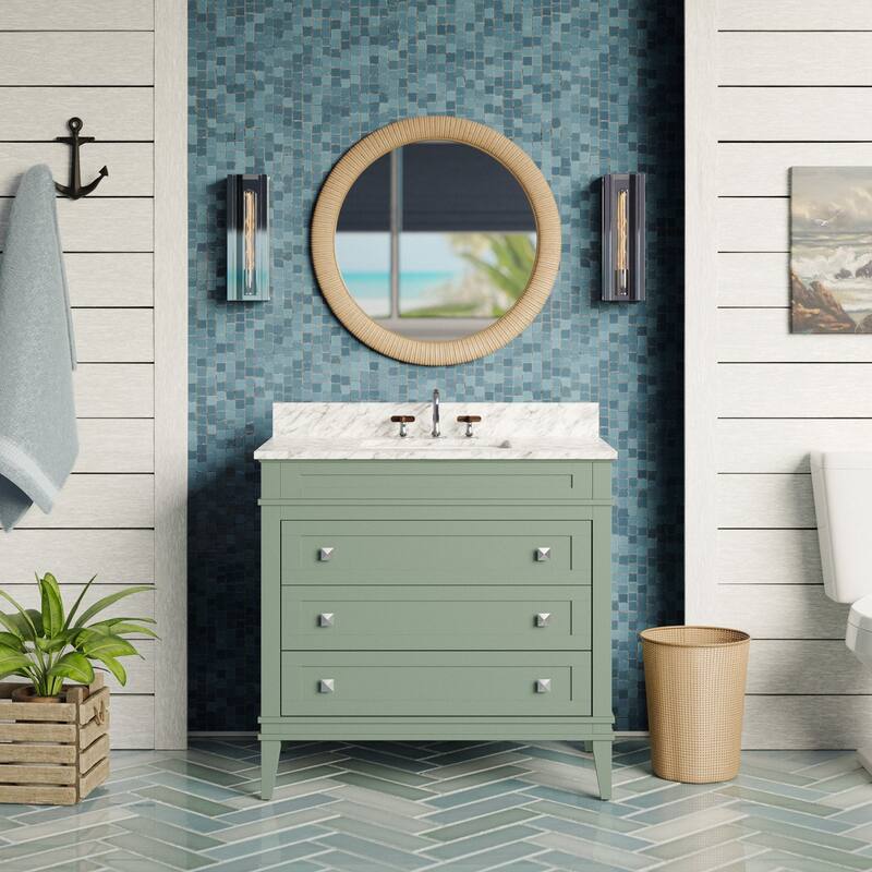 KitchenBathCollection Eleanor 36" Bathroom Vanity with Carrara Marble Top - Sage Green