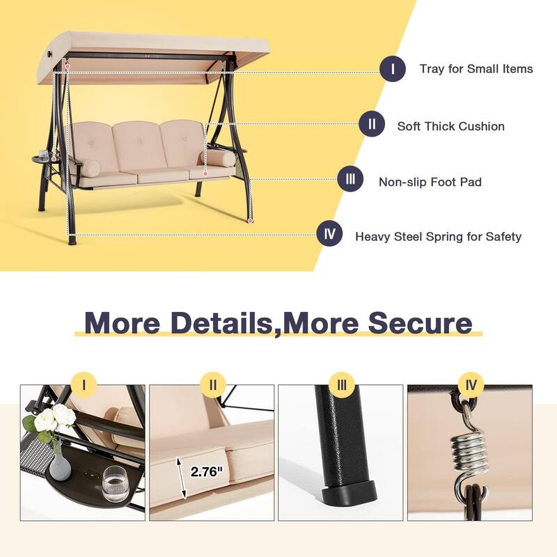 Outdoor 3-Seat Porch Swing with Adjustable Canopy & Cup Holder,Porch Swing Glider Chair, Heavy-Duty Steel Frame