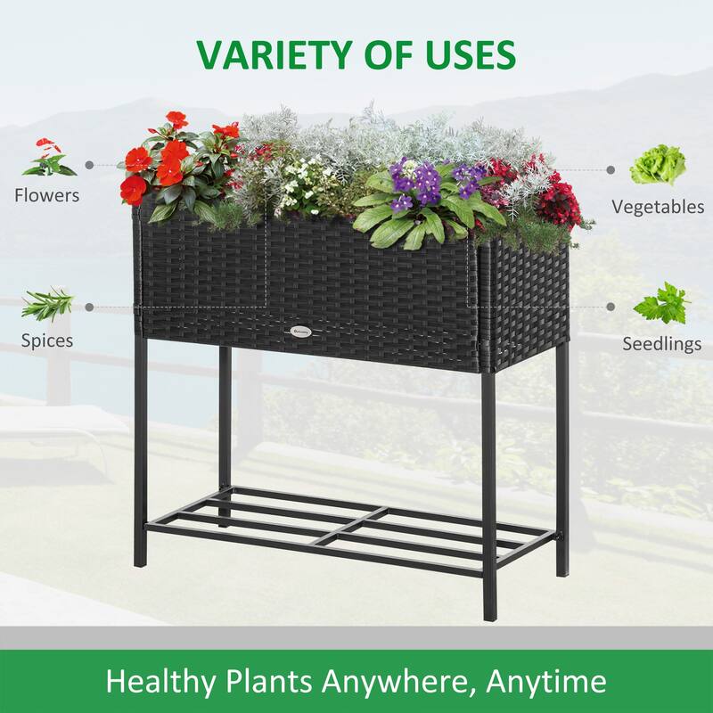 Outsunny Elevated Metal Raised Garden Bed with Rattan Wicker Look, Underneath Tool Storage Rack