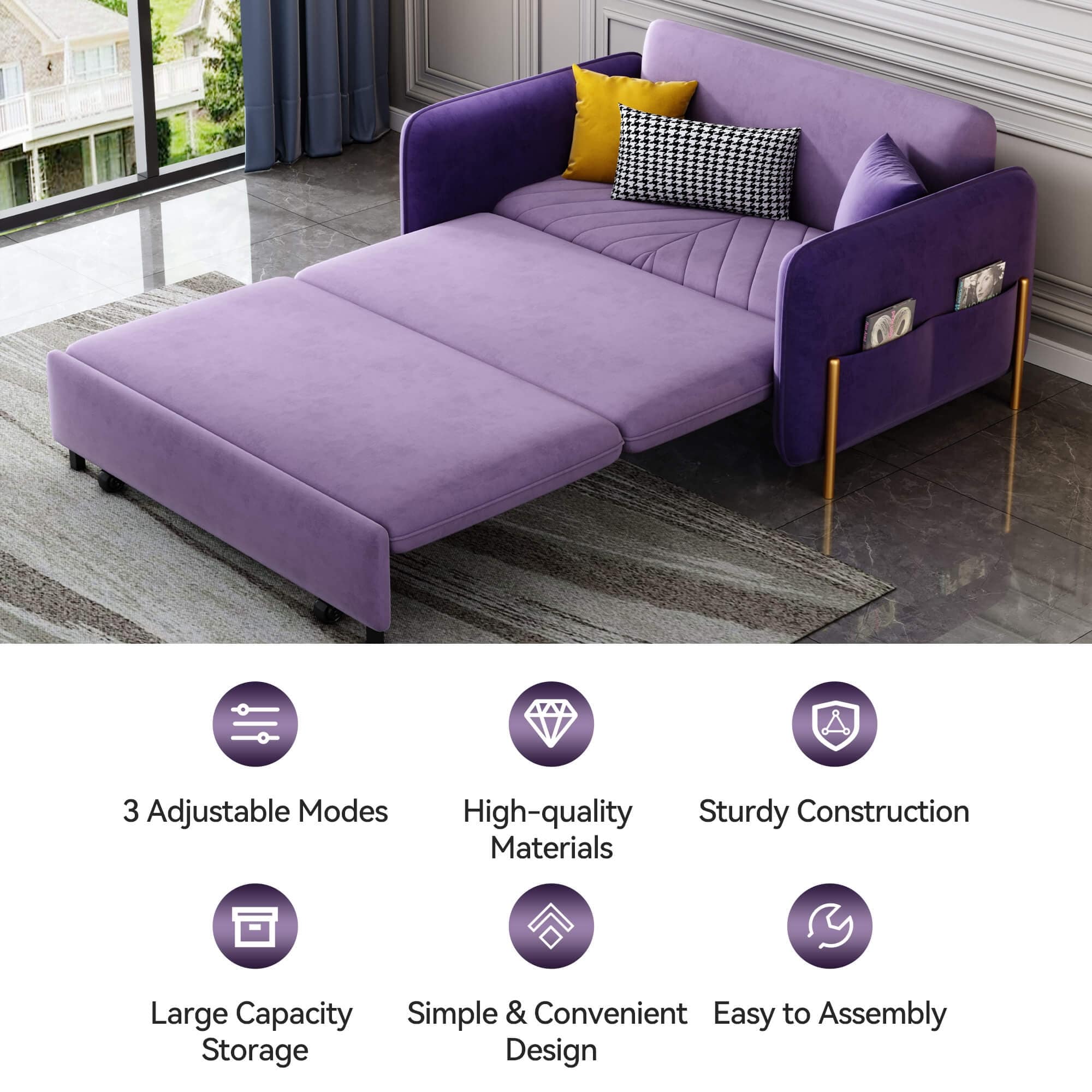 53.5” Full Sleeper Sofa Upholstered Convertible Sofa Bed 3-in-1 Sleeper Sofa Couch, Small Tufted Velvet (purple)