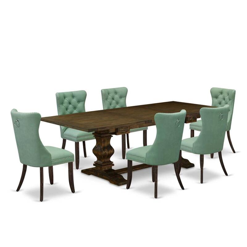 Modern 7 Piece Dining Set - Kitchen Table with 6 Upholstered Chairs - Jacobean Finish