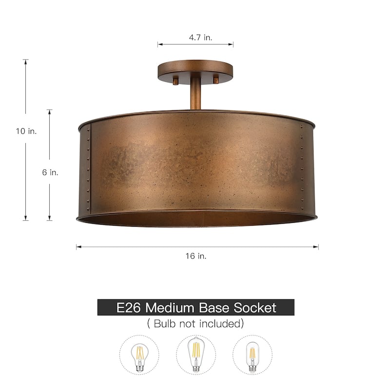 Artisan 3-Light Antique Bronze Drum Semi-Flush Mount Ceiling Light - 16 in. W