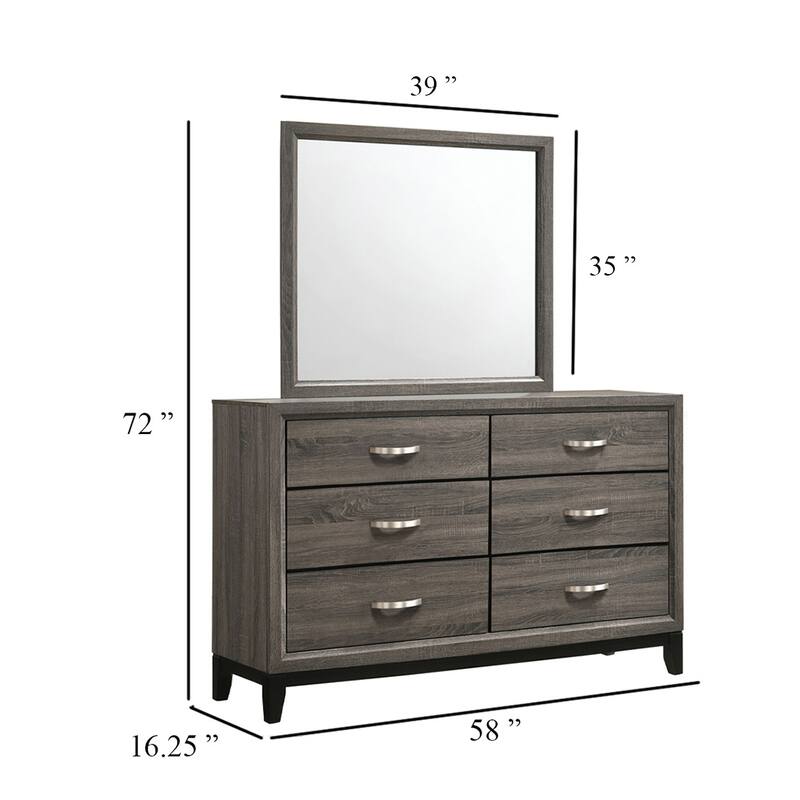 Mela 2pc Wide Dresser and Mirror Set, 6 Drawers, Gray Oak Wood