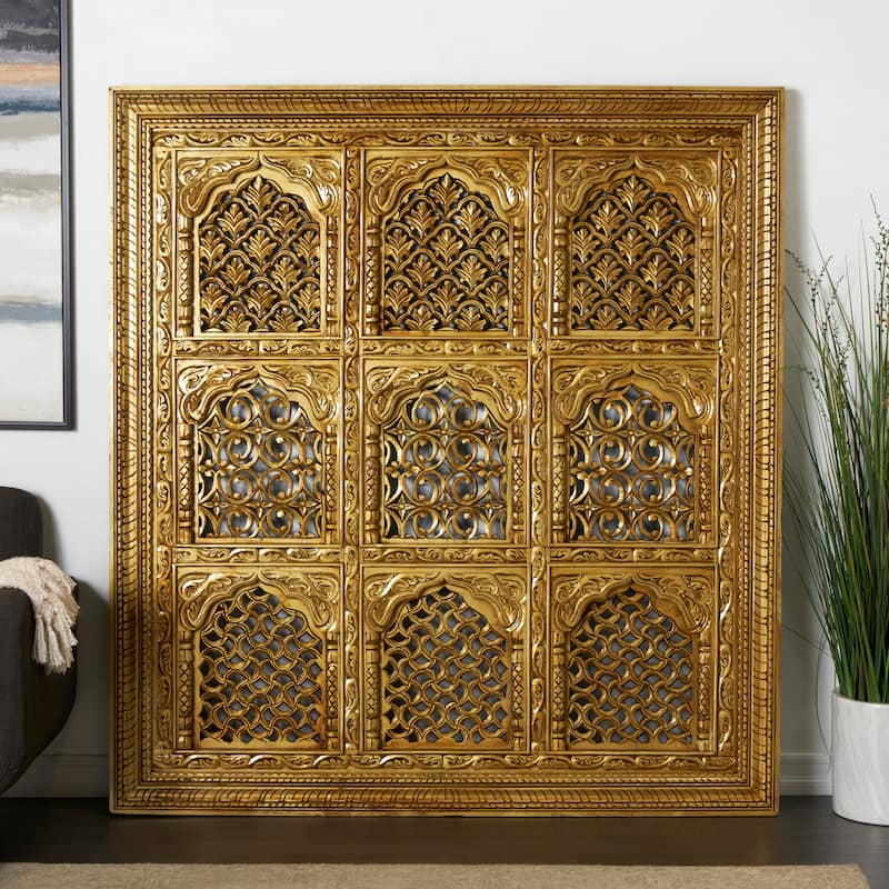 Mango Wood Scroll Handmade Intricately Carved 9 Panel Wall Decor with Engraved Details - Gold - Roche River Decor