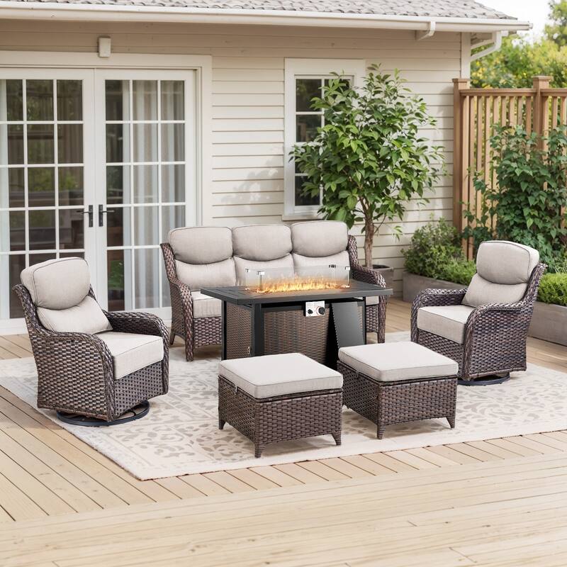 Pocassy Patio Furniture Set with 43 inch Fire Pit Table - Beige Cushion Brown Wicker - 6-Piece Sofa Siwvel Chair Ottoman w/ Fire Table