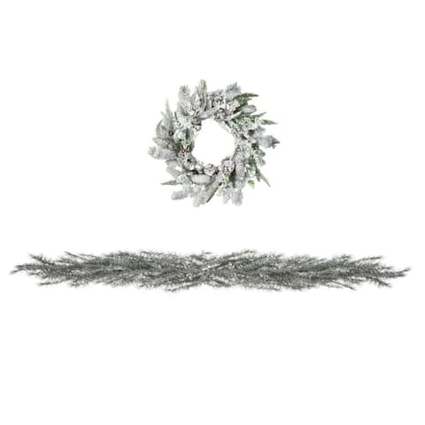 Sullivans 24" Artificial Flocked Pine Wreath and 6'9" Weeping Pine With Snow Garland Set