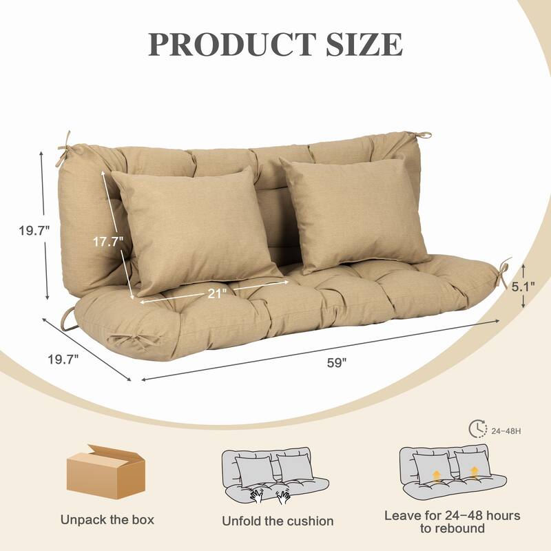 Aoodor 59" Tufted Porch Swing Cushions, Outdoor Swing Replacement Cushion 2-3 Seater with Backrest and 2 Pillows