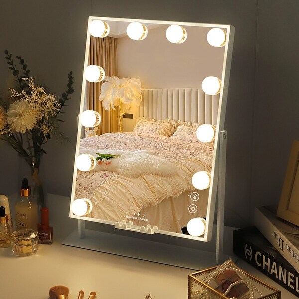 VANITII Hollywood Vanity Makeup Mirror with 12 LED Bulbs Wireless Charge White Bluetooth 10x Magnifying Glass Smart Control