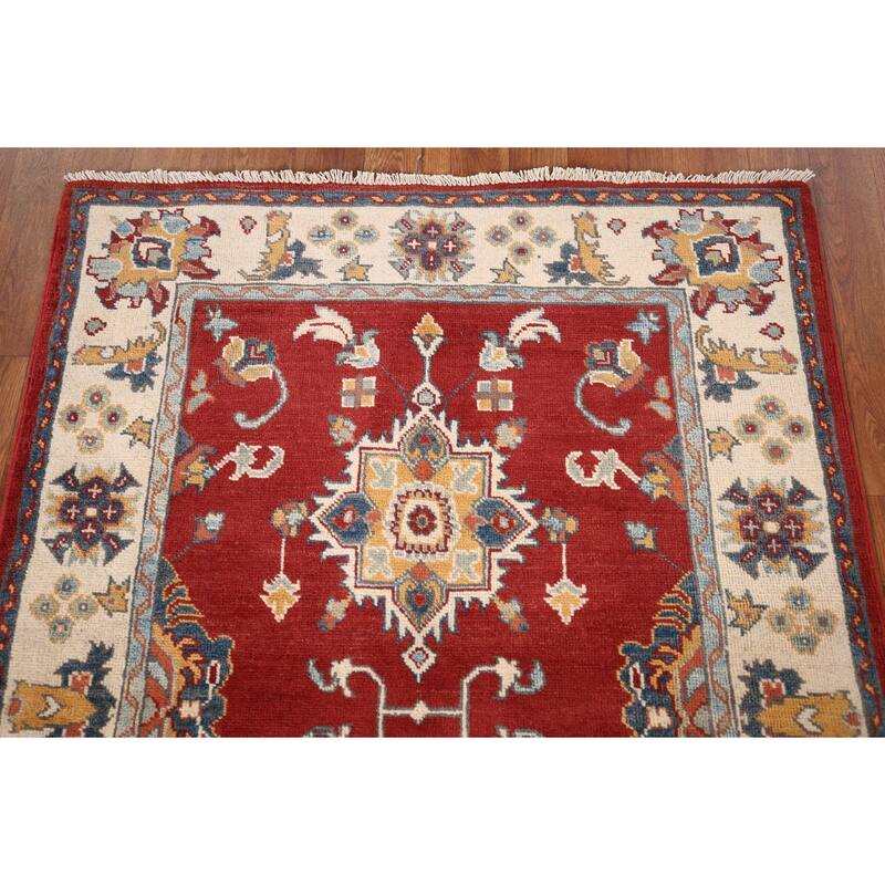Red Geometric Kazak Foyer Rug Hand-Knotted Traditional Wool Carpet - 3'4" x 4'8"