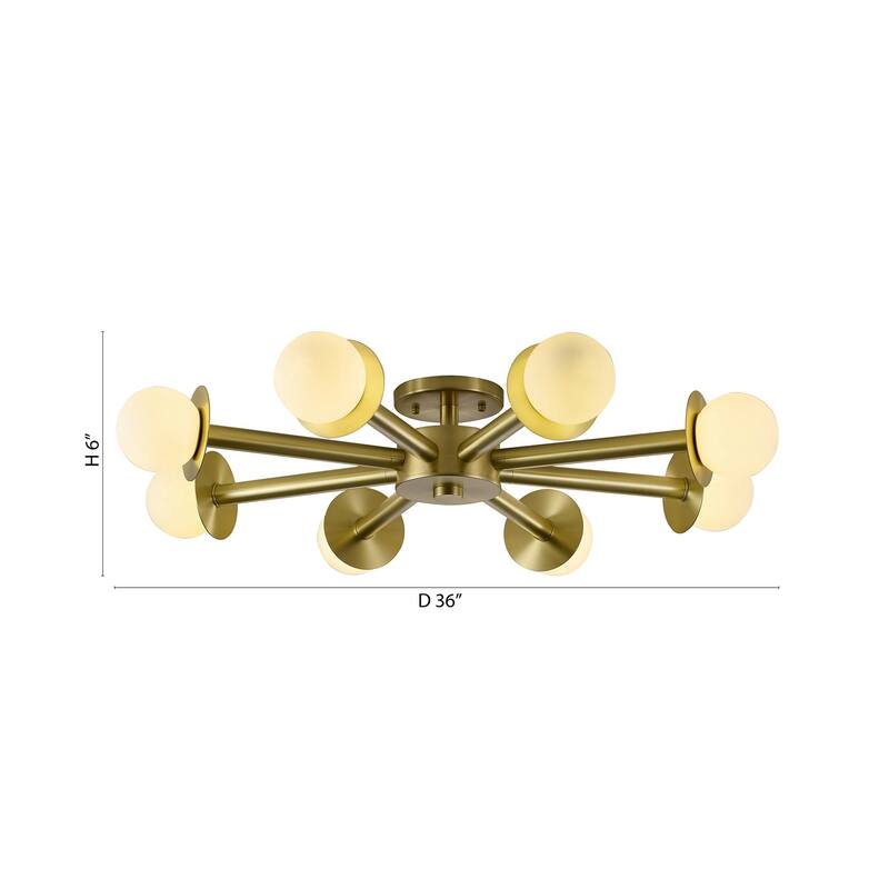 8-Light Satin Brass Flush Mount With White Glass Globe Shades