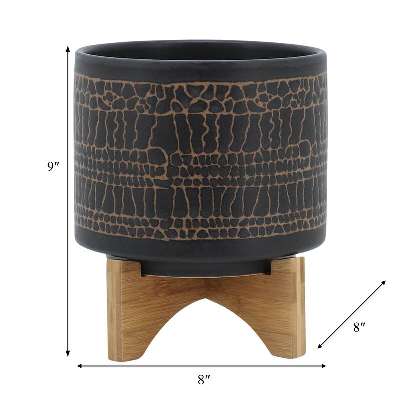 Sagebrook Home Modern Neutral Ceramic Planter Pot with Natural Wood Stand
