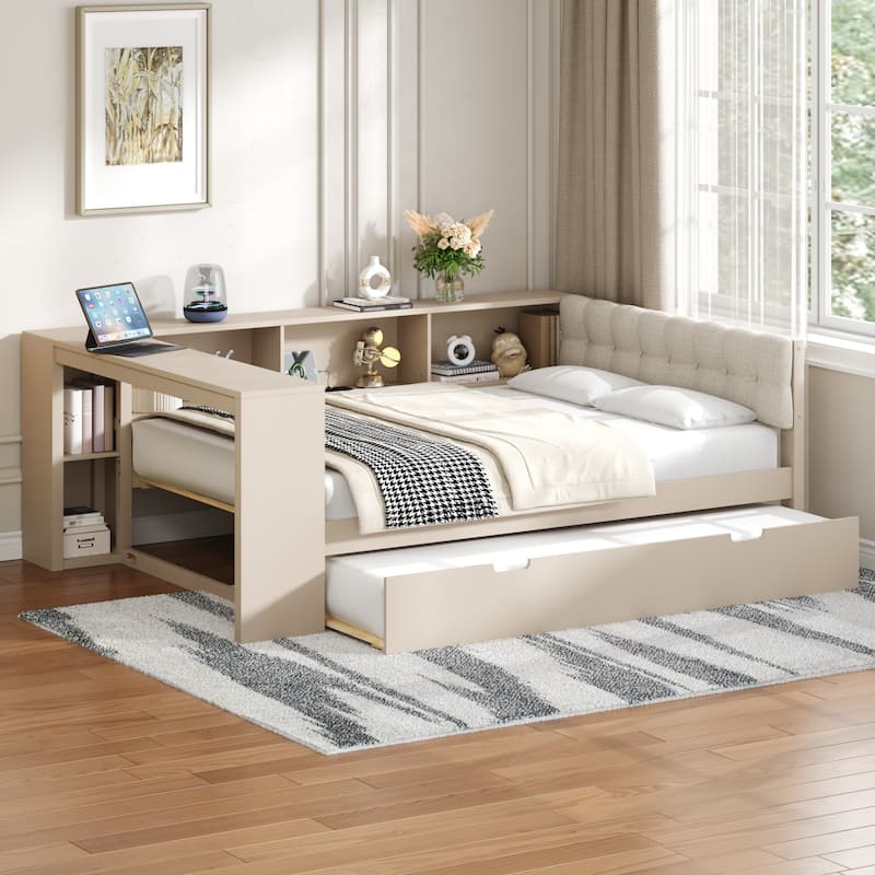 Upholstered Sofa Bed, Wood Daybed, L-shaped Bed Frame with Desk, Shelves, Charging Station, and Optional with Trundle or Drawers