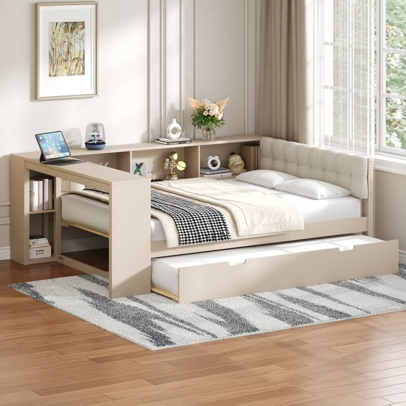 Wood Full/Twin Platform Bed with Storage Shelves, Trundle, Charging Station & Upholstered Headboard