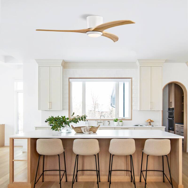 52" Flush Mount Fan Light, 3 PCS Solid Wood Blades Ceiling Fan with Lights Remote Control, Quiet DC Motor, 6 Speed