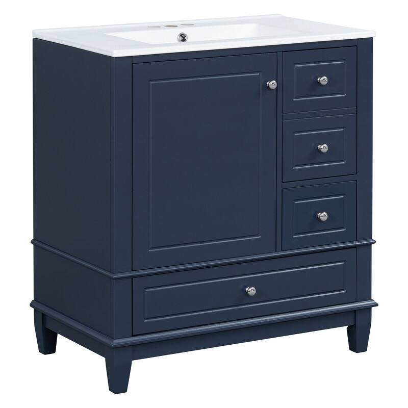 30" Bathroom Vanity with Ceramic Sink, Freestanding Bathroom Vanity Cabinet w/ 3 Storage Drawers, 1 Soft Close Door & Door Shelf