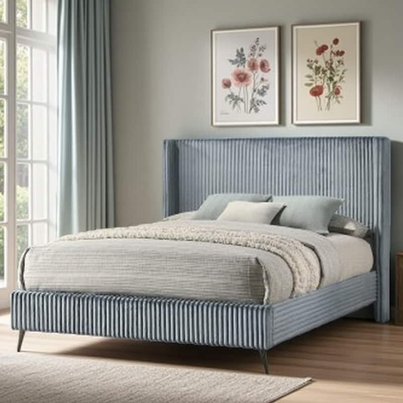 King Size Upholstered Panel Bed with Wide Wale Corduroy Fabric, Elegant Wingback Headboard, Modern Design - Queen Blue - Queen