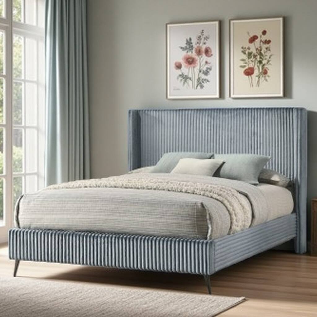 King Size Upholstered Panel Bed with Wide Wale Corduroy Fabric, Elegant Wingback Headboard, Modern Design
