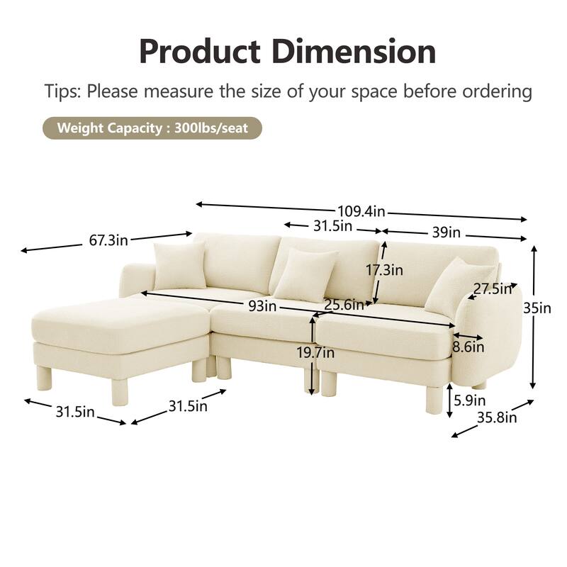 109.4" 3-Seater Modern Upholstered Sofa Couch, Deep-Seat Sectional Sofa with Shell-Shaped Armrests, Leisure Sofa for Living Room