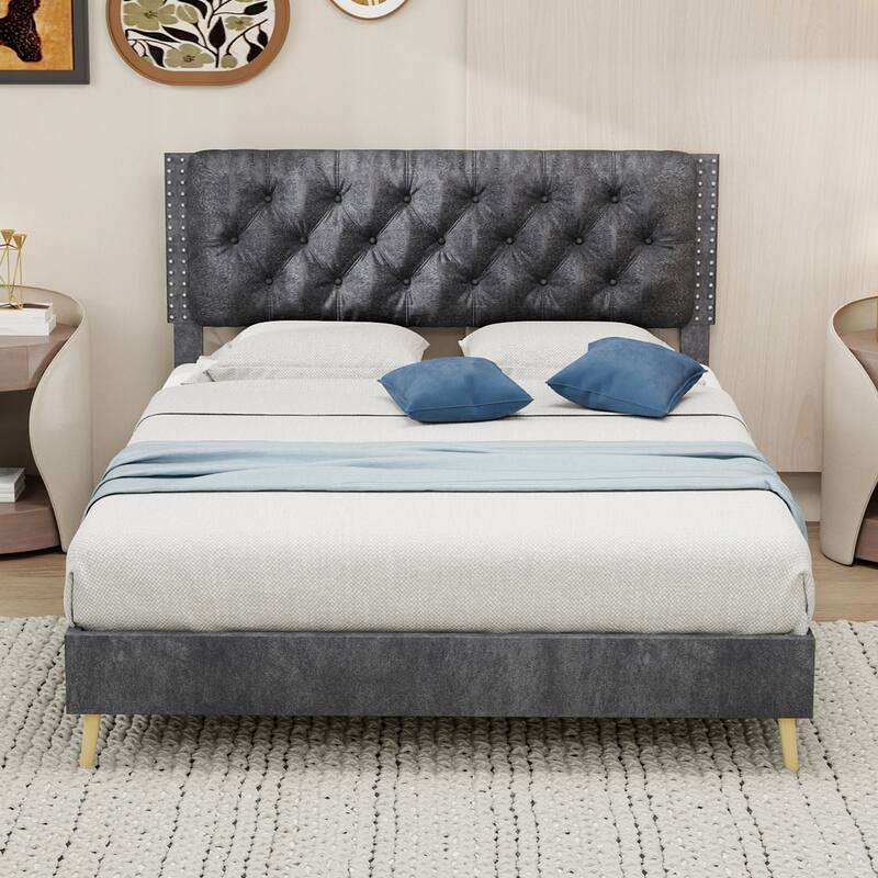 Modern Upholstered Platform Bed Frame with Tufted Headboard/Wood Slats Support/Noise-Free Stable Structure/No Box Spring Needed