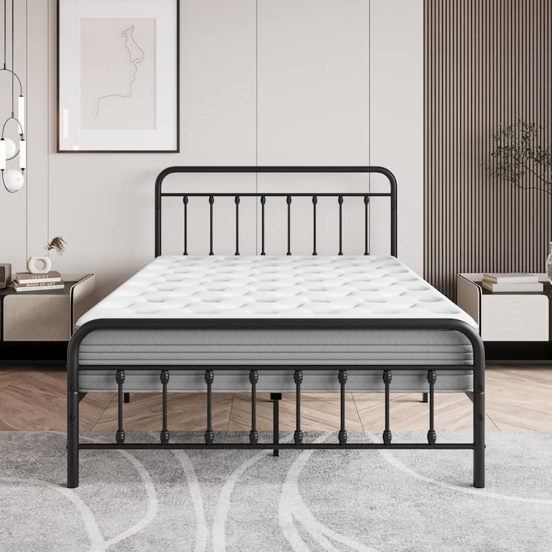 Victorian Style Metal Platform Bed Frame with Iron-Art Headboard Footboard, Under Bed Storage, No Box Spring Needed, Noise Free