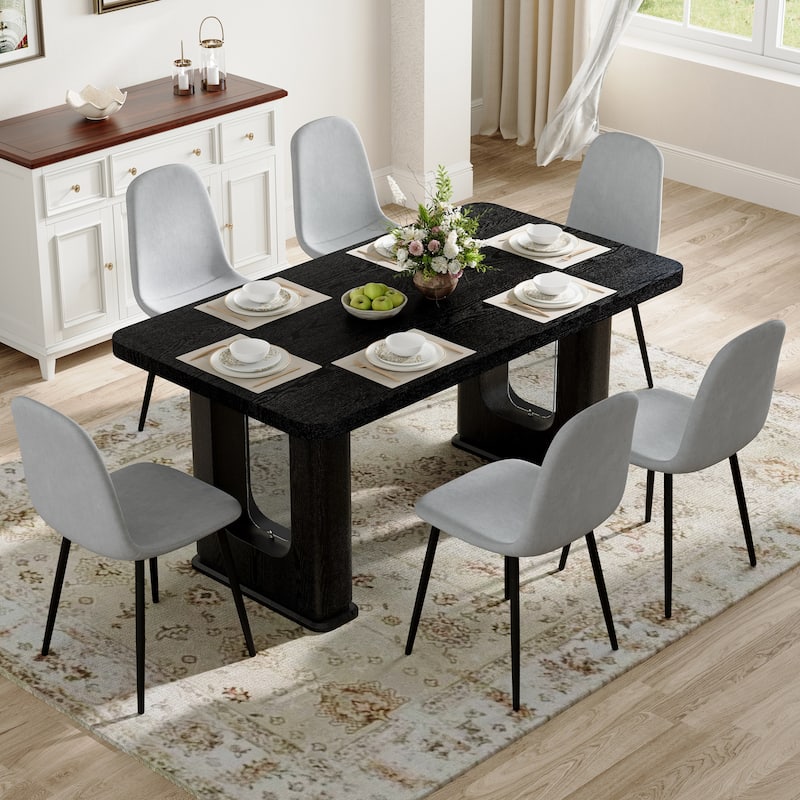 7-Piece Modern Dining Table Set, 64.5x35.4 Inch Textured Wood Table & 6 High-Resilience Fabric Chairs with Metal Legs