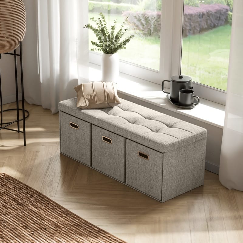 Foldable Linen Large Bench Storage Ottoman with 3 Drawer Cubes - 40"L