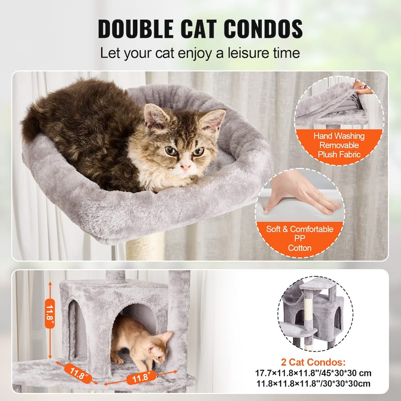 Cat Tree for Indoor Cats, 72" Cat Tower with 2 Cat Condos, Sisal Scratching Post, Hammock, Top Perch, Jumping Platforms