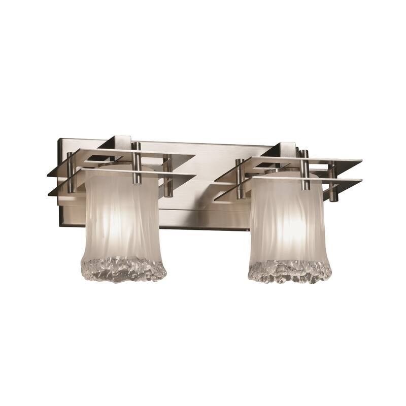 Justice Design Veneto Luce Metropolis 2-light Brushed Nickel Bath Bar, White Frosted Cylinder - Rippled Rim Shade - Brushed Nickel