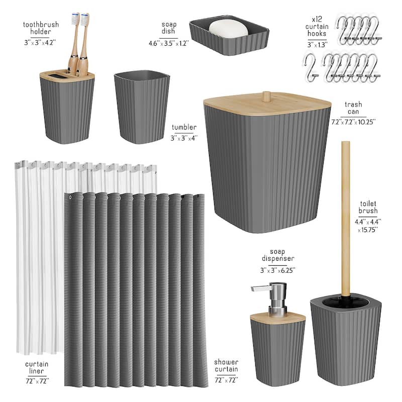 Empyrean Bamboo Bathroom Accessories Set with Shower Curtain Set, Toilet Brush, Trash Can & Soap Dispenser